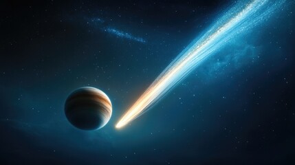 Fototapeta premium Majestic Comet Approaching Massive Planet in Deep Space with Bright Stars and Cosmic Dust