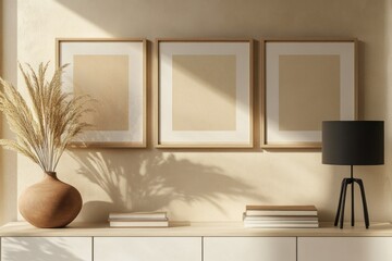 Minimalist interior with three framed prints, pampas grass, books, and lamp.