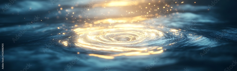 Poster glittering water ripple with golden reflections and sparkling highlights under soft light.