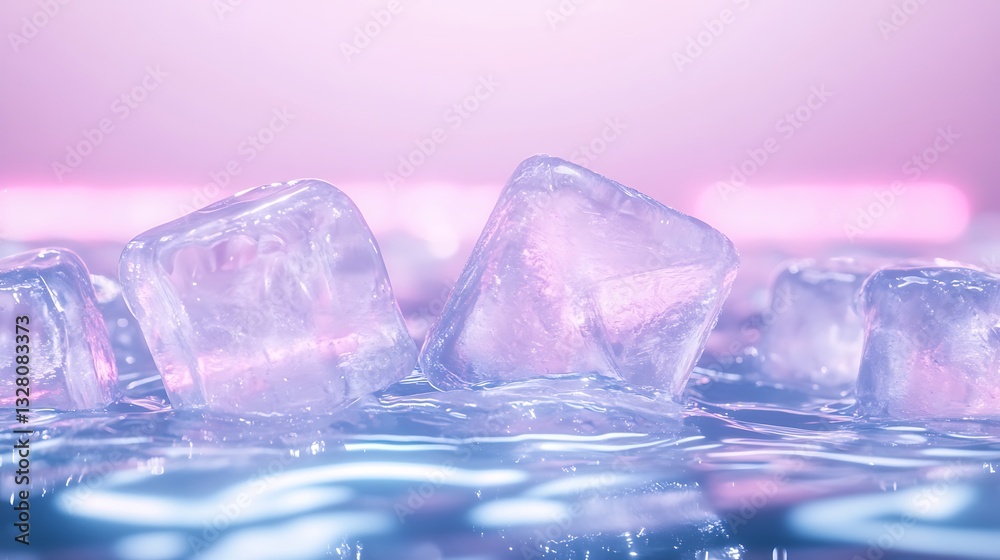 Poster translucent ice cubes float in shimmering water under vibrant lighting.