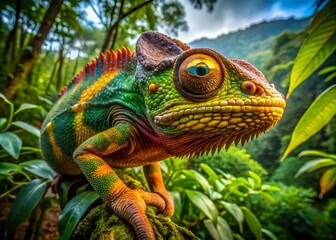 Obraz premium Malagasy Giant Chameleon (Furcifer oustaleti) Aerial View - Largest Chameleon Species, Reaching 70cm