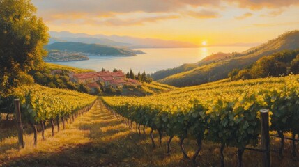 Sunset Vineyard Landscape Overlooking a Lake and Village