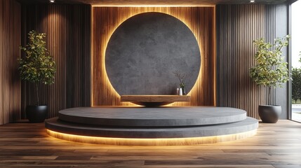 Modern interior with circular design and ambient lighting