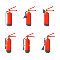 Set of red flat vector illustrations of fire extinguishers isolated on white background. First warning, emergency. Fire protection equipment. Fire prevention equipment package for firefighters.