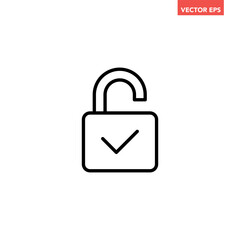 Single black unlock successful line icon, simple release lock approved flat design pictogram vector for app ads web banner button ui ux interface elements isolated on white background
