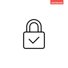Black single lock approved line icon, simple confirmed safe password protection flat design concept vector for app ads web banner button ui ux interface elements isolated on white background