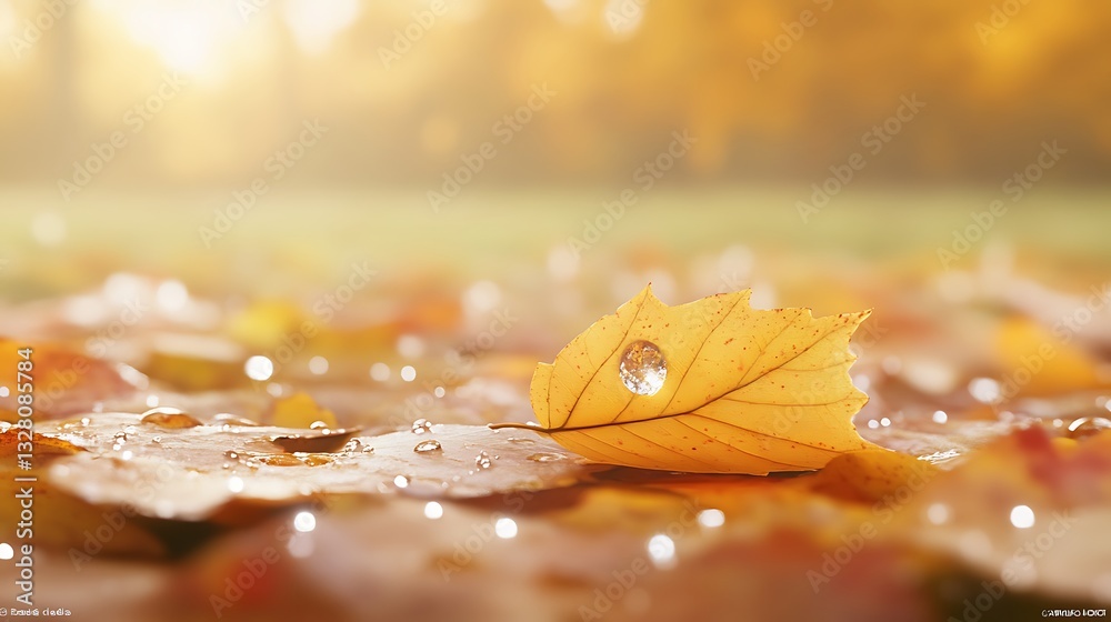 Poster a close-up of a yellow leaf on wet autumn leaves with a droplet shimmering in soft sunlight.