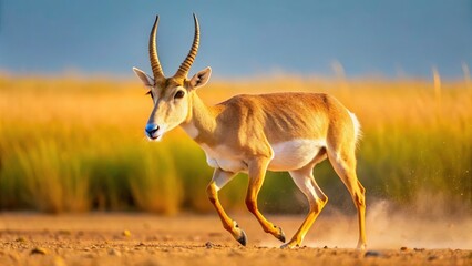 Fototapeta premium Saiga Antelope Dust Bath: Close-Up Steppe Wildlife Photo, Endangered Species, Mammal, Central Asia, Rare Antelope