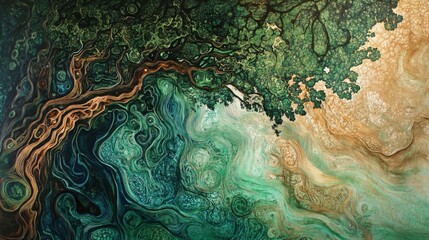 Fototapeta premium Abstract Tree Painting with Swirling Green Brown and Gold Textures