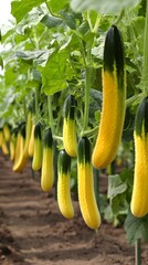 Vibrant Yellow and Green Cucumbers Hanging on Vines in a Garden