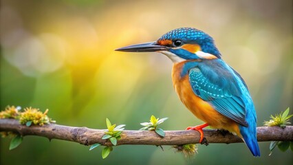 Fototapeta premium Stunning Common Kingfisher on a Serene Background, Perfect for Nature Lovers and Birdwatching Enthusiasts - Wildlife Photography, Avian Beauty, and Vibrant Colors