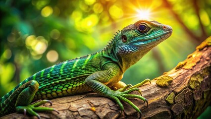 Obraz premium Stunning Drone Photography of a Lizard on a Tree Branch in Lush Green Forest, Capturing Nature's Beauty, Wildlife, and Unique Patterns of Scales in High Definition