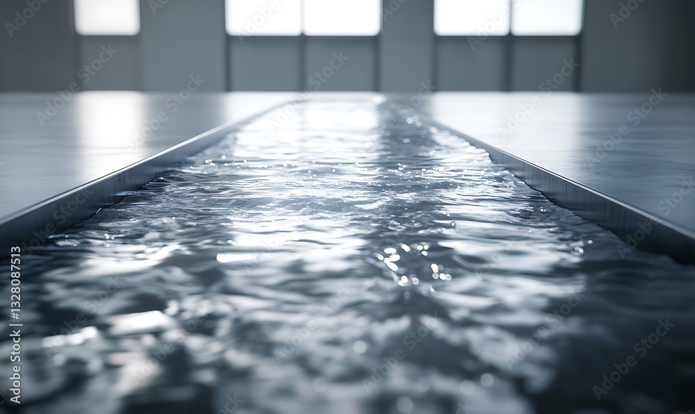 Poster a serene indoor space with flowing water reflecting soft light.