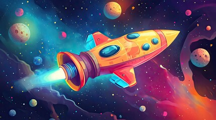 A playful illustration of a cheerful toy spaceship in a cartoonish style against a dynamic space background --ar 16:9 --v 6.1 Job ID: 8aac418d-e453-41ac-a99f-31da6c0fe881