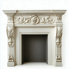 Obraz premium Ornate fireplace mantel with detailed floral carvings and classical design elements, showcasing elegant craftsmanship and traditional styling.