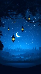 Naklejka premium Night lights over a city, Ramadan lanterns