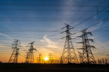 The pylons are in the evening, Substation in the evening, High voltage substation and beautiful...