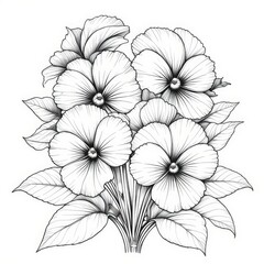 An intricate black and white illustration depicting flowers with delicate petals and detailed leaves, showcasing the beauty of nature in an artistic and elegant style.