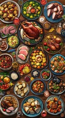 A varied selection of different foods displayed on a wooden table