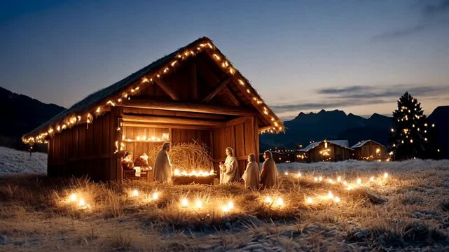Christmas nativity scene illuminated by warm lights in a snowy mountain setting at twilight