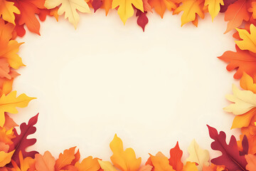 Fototapeta premium Blank autumn invitation card thanksgiving background. Flat layout fall design autumn leaves border frame. Flat fall leaves invitation design leaves template autumn greeting card fall season background