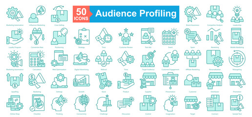 Audience Profilling Icon Sheet Marketing Automation, Influencer Marketing, Cross Selling, Brand Awareness, Competitor Analysis, Leadership, Loyalty Program, Conversion Rate, Positioning, Strategy