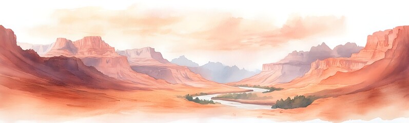 Naklejka premium Serene watercolor landscape featuring mountains and a winding river in warm tones.