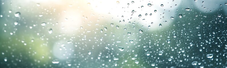 Blurred background with raindrops glistening on a window, creating a serene atmosphere.