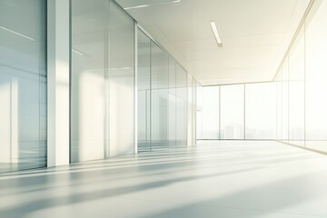 Fototapeta premium Blurred background of a modern office interior with a glass wall and a white desk, blurred or with a bokeh effect in the morning light, a business concept background, close-up.
