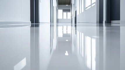 Reflective White Hallway with Glossy Floor