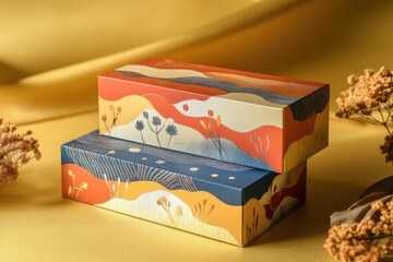 Two decorative boxes stacked on a yellow background showing artistic designs