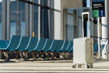Travel, The suitcases in an empty airport hall, traveler cases in the departure airport terminal waiting for the area, vacation concept, blank space for text message or design