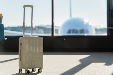Travel, The suitcases in an empty airport hall, traveler cases in the departure airport terminal waiting for the area, vacation concept, blank space for text message or design