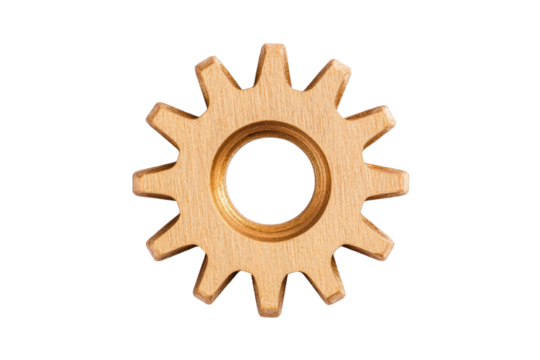A metallic gear with a circular hole in the center, featuring pointed teeth around its edge, designed for mechanical movement.