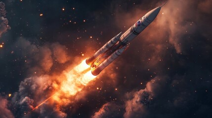 Obraz premium Rocket Launch Into Space: Fiery Ascent Through Cosmic Clouds