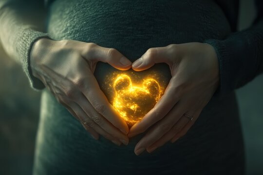 Expectant Mother Forms Heart Shape with Hands and Glow Effect