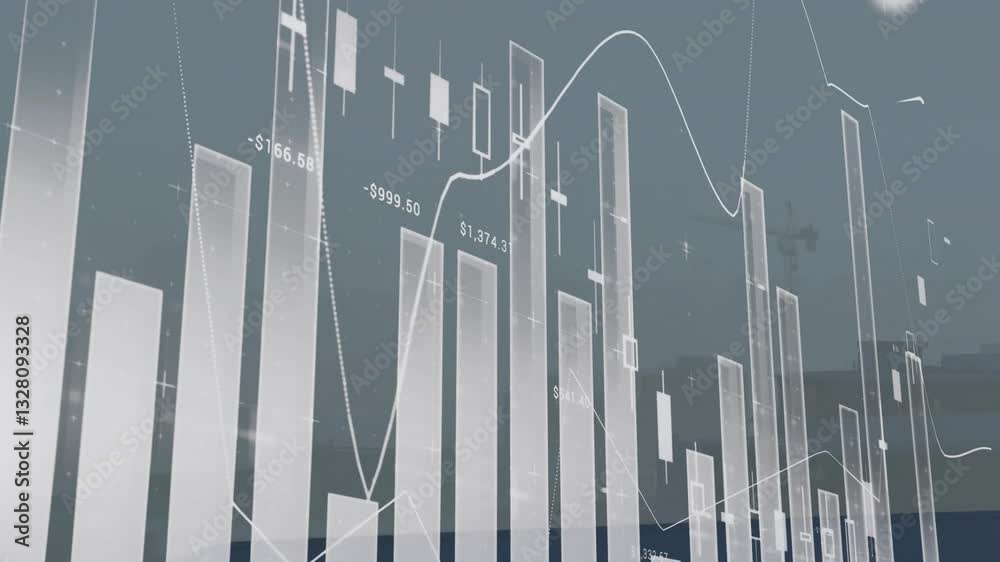 Poster animating financial data analysis with rising bar graphs and line charts