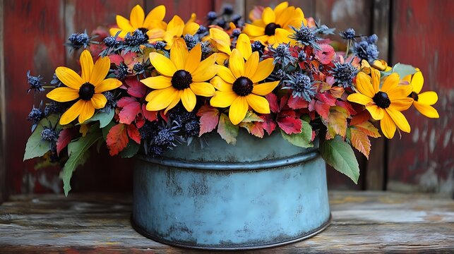 Autumnal black-eyed Susan flower arrangement in rustic tin.