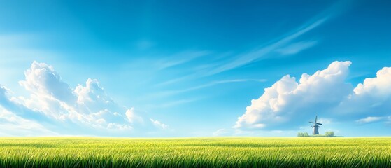 Fototapeta premium A serene landscape showcasing a vibrant green field under a bright blue sky, adorned with fluffy white clouds and a windmill in the distance.