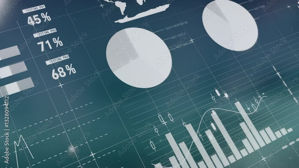 Poster using animation, digital interface displaying pie charts, bar graphs, and percentages