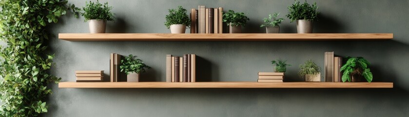 A contemporary shelf featuring an inspiring combination of books and green plants enhancing the interior design aesthetic