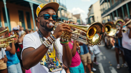 New Orleans, brass musicians leading a second line parade