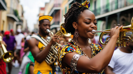 New Orleans, brass musicians leading a second line parade