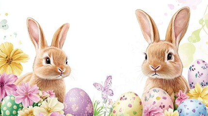 Obraz premium Cute bunnies with Easter eggs and flowers on a white background, Easter theme, watercolor style, pastel colors, commercial use, graphic design, cartoon illustration. 