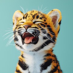 Obraz premium Adorable Baby Tiger with Joyful Expression on Light Green Background