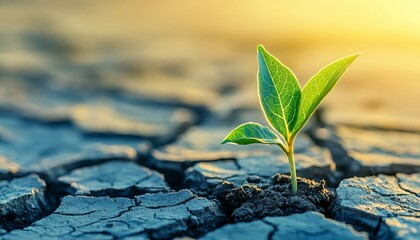Green Plant Growing in Cracked Soil at Sunset with Warm Light
