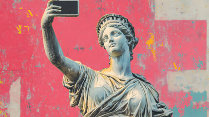 Ancient Greek Statue Reflecting Modern Social Media Addiction Concept