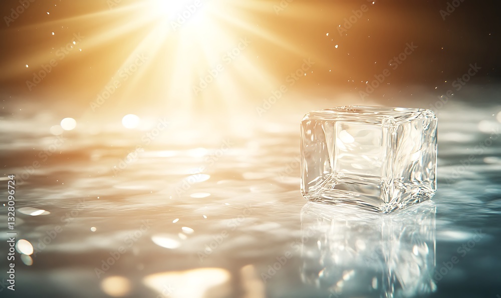 Aufkleber a shimmering ice cube floats in water, illuminated by warm sunlight, creating a serene atmosphere.