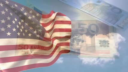 Waving American flag over fifty euro banknotes against bright sky background - Powered by Adobe