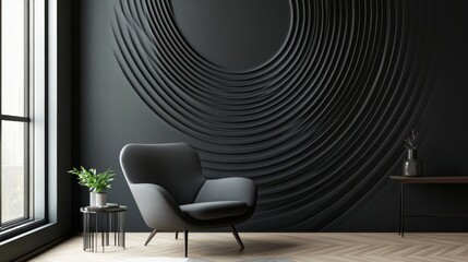 Modern Dark Grey Armchair in Minimalist Living Room with Abstract Black Wall Art